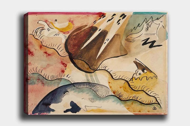 Lerretsbilde 70x100 cm - Abstrakt landskap med organiske former og fargerike elementer, Brun / Blå / Gul