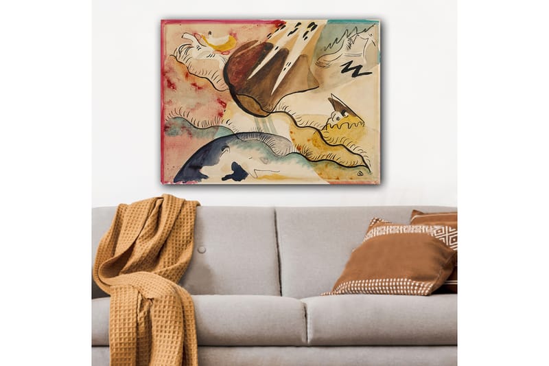 Lerretsbilde 70x100 cm - Abstrakt landskap med organiske former og fargerike elementer - Brun / Blå / Gul - Innredning - Bilder & kunst - Lerretsbilder