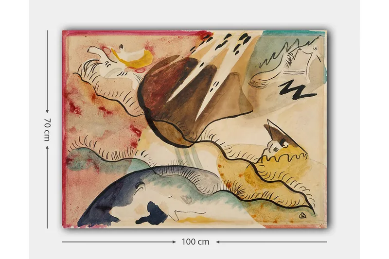 Lerretsbilde 70x100 cm - Abstrakt landskap med organiske former og fargerike elementer - Brun / Blå / Gul - Innredning - Bilder & kunst - Lerretsbilder