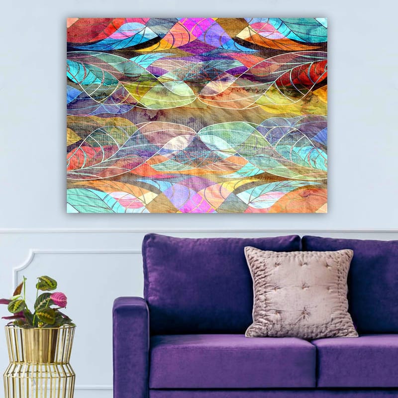 Lerretsbilde 70x100 cm - Abstrakt mønster av bølgende former i harmoniske farger - Turkis / Lilla / Rød - Innredning - Bilder & kunst - Lerretsbilder