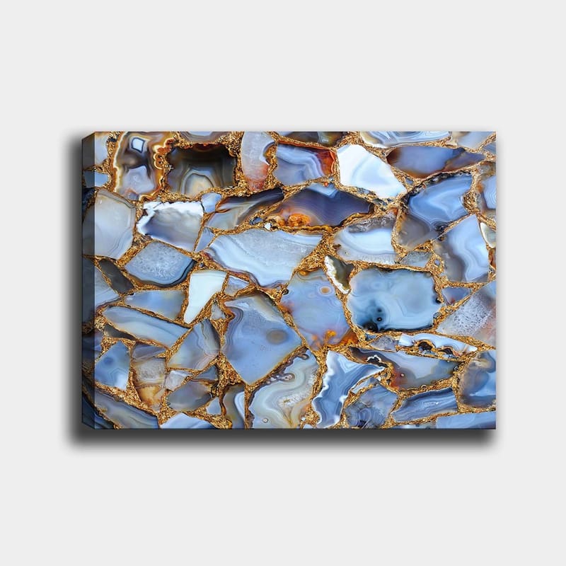 Lerretsbilde 70x100 cm - Abstrakt mønster av blå og gylne agater - Blå / Gyllen / Hvit - Innredning - Bilder & kunst - Lerretsbilder