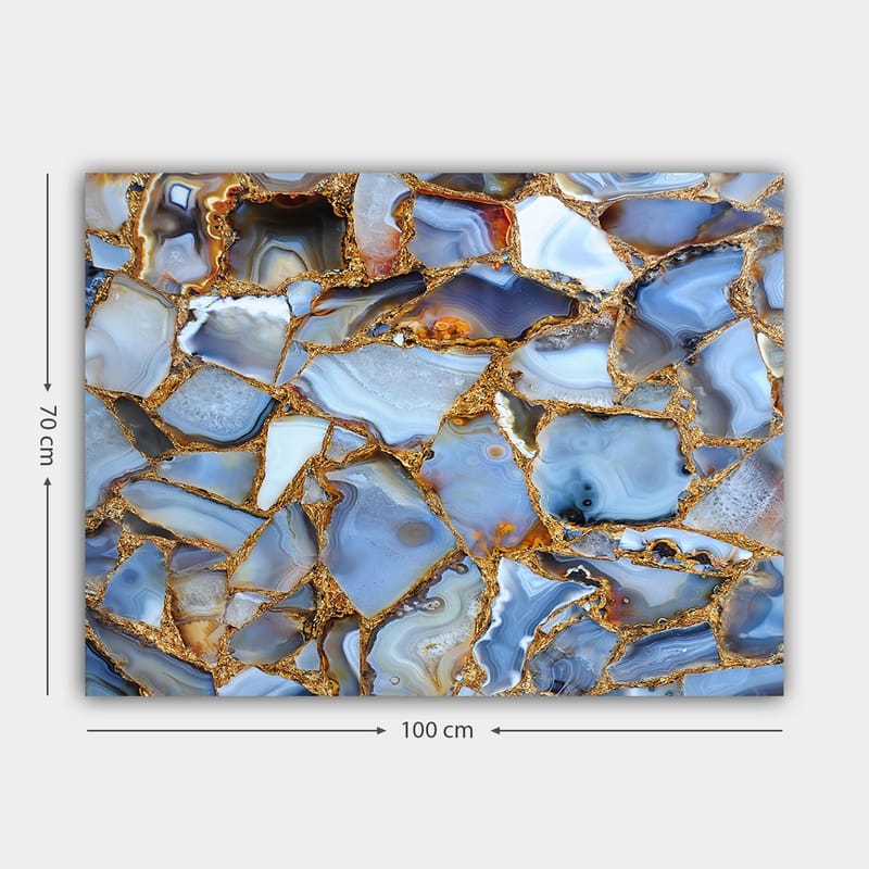 Lerretsbilde 70x100 cm - Abstrakt mønster av blå og gylne agater - Blå / Gyllen / Hvit - Innredning - Bilder & kunst - Lerretsbilder