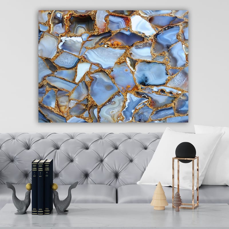 Lerretsbilde 70x100 cm - Abstrakt mønster av blå og gylne agater - Blå / Gyllen / Hvit - Innredning - Bilder & kunst - Lerretsbilder