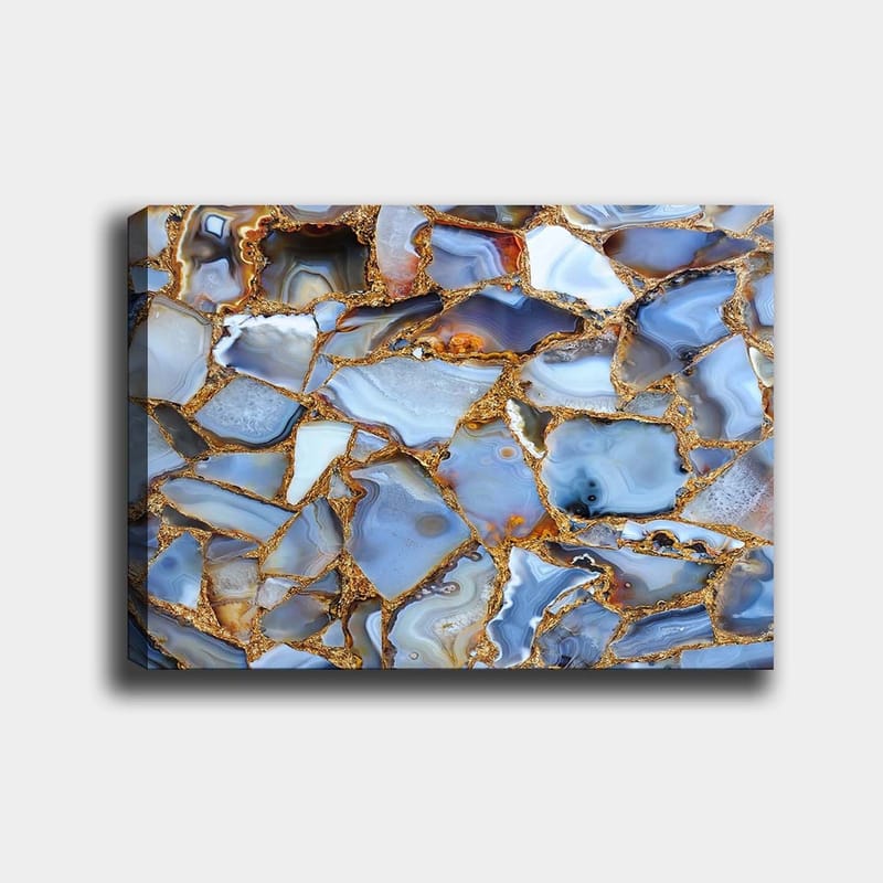 Lerretsbilde 70x100 cm - Abstrakt mønster av blå og gylne agater, Blå / Gyllen / Hvit