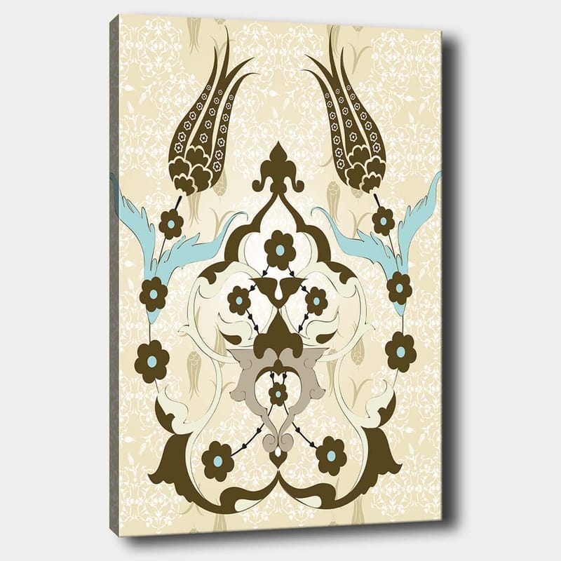 Lerretsbilde 70x100 cm - Abstrakt mønster med blomster- og plantemotiver i et elegant design - Mørk brun / Lys blå / Beige - Innredning - Bilder & kunst - Lerretsbilder