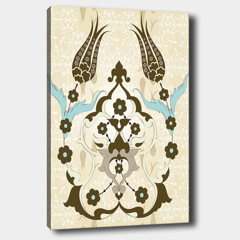 Lerretsbilde 70x100 cm - Abstrakt mønster med blomster- og plantemotiver i et elegant design, Mørk brun / Lys blå / Beige