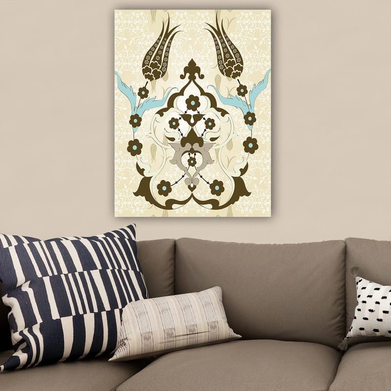 Lerretsbilde 70x100 cm - Abstrakt mønster med blomster- og plantemotiver i et elegant design - Mørk brun / Lys blå / Beige - Innredning - Bilder & kunst - Lerretsbilder