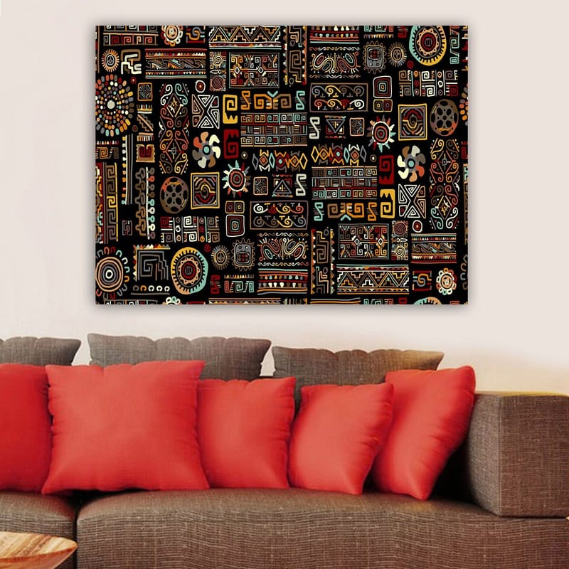 Lerretsbilde 70x100 cm - Abstrakt mønster med geometriske former og symboler i en fargerik komposisjon - Svart / Rød / Gul - Innredning - Bilder & kunst - Lerretsbilder