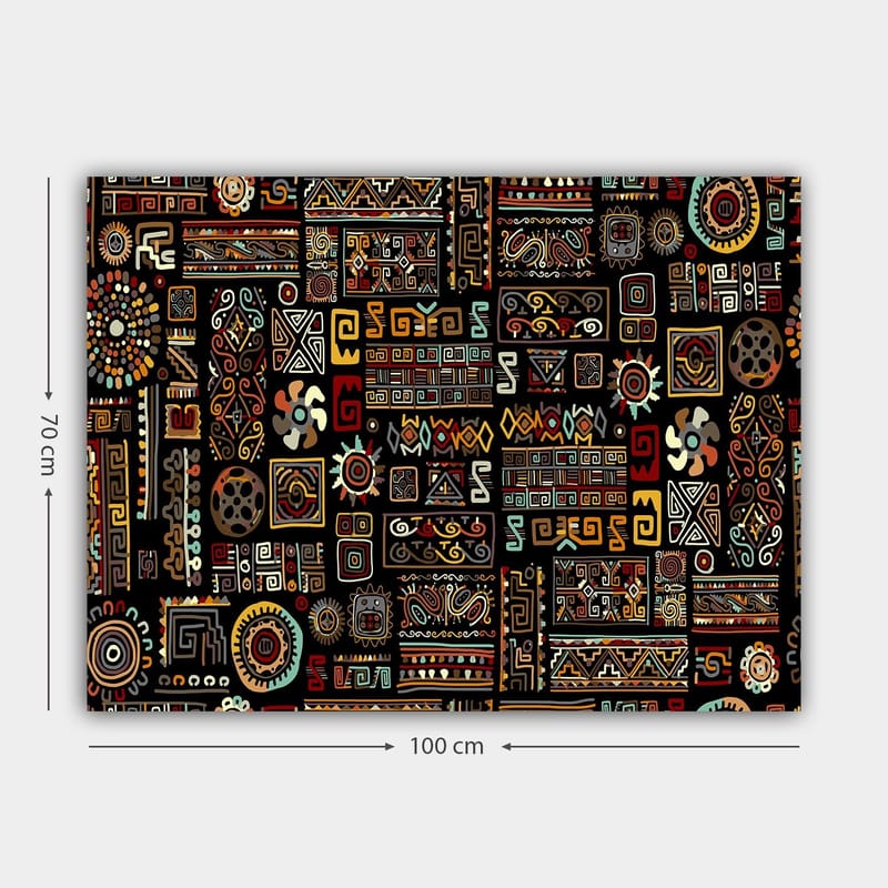 Lerretsbilde 70x100 cm - Abstrakt mønster med geometriske former og symboler i en fargerik komposisjon - Svart / Rød / Gul - Innredning - Bilder & kunst - Lerretsbilder