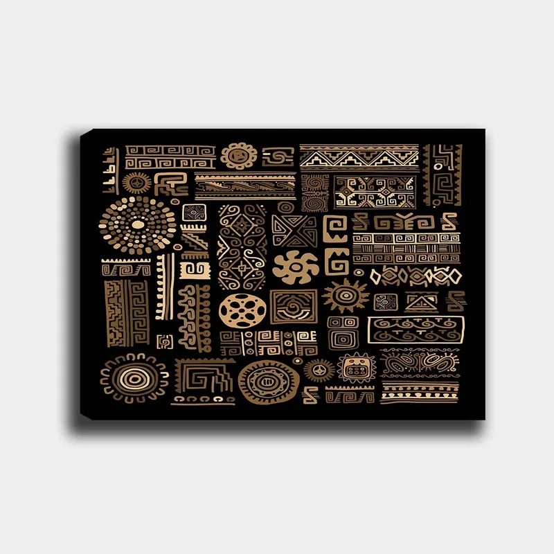 Lerretsbilde 70x100 cm - Abstrakt mønster med geometriske former og symboler i gull mot svart bakgrunn, Gull / Svart