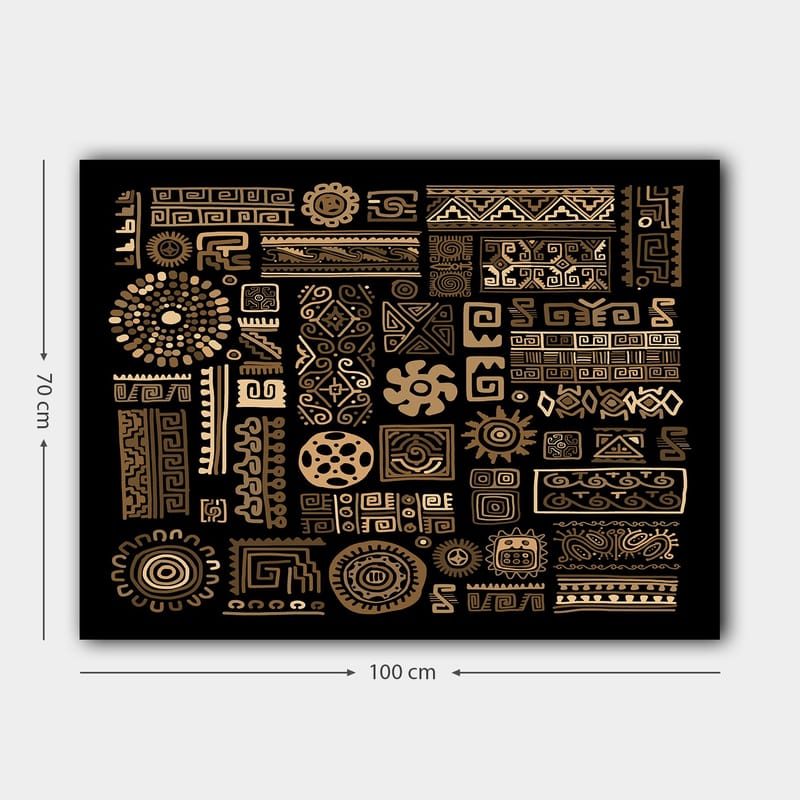 Lerretsbilde 70x100 cm - Abstrakt mønster med geometriske former og symboler i gull mot svart bakgrunn - Gull / Svart - Innredning - Bilder & kunst - Lerretsbilder