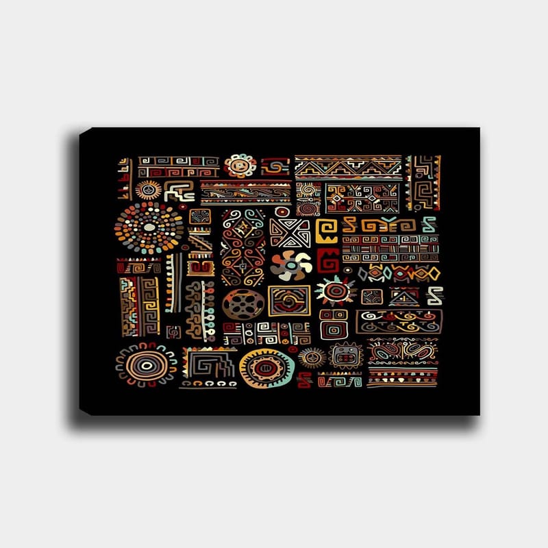 Lerretsbilde 70x100 cm - Abstrakt mønster med geometriske former og symboler i sterke farger - Rød / Gul / Svart - Innredning - Bilder & kunst - Lerretsbilder