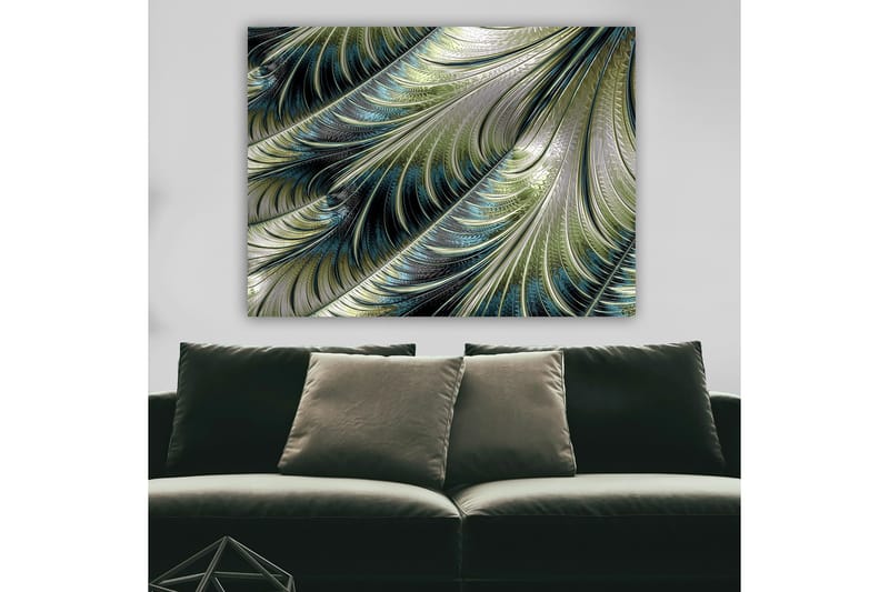 Lerretsbilde 70x100 cm - Abstrakt mønster med svevende fjær i grønne og blå nyanser - Grønn / Blå / Sølv - Innredning - Bilder & kunst - Lerretsbilder