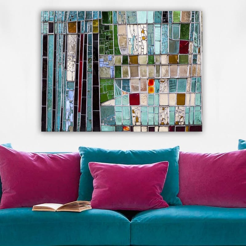 Lerretsbilde 70x100 cm - Abstrakt mosaikk med geometriske former i forskjellige nyanser av grønt og blått - Turkis / Grønn / Rød - Innredning - Bilder & kunst - Lerretsbilder