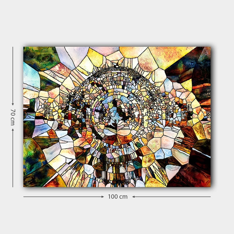 Lerretsbilde 70x100 cm - Abstrakt mosaikkdesign med sirkulære og geometriske former som skaper en følelse av dybde og bevegelse - Gull / Brun / Blå - Innredning - Bilder & kunst - Lerretsbilder