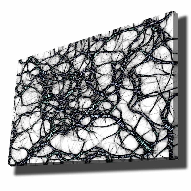 Lerretsbilde 70x100 cm - Abstrakt nettverk av ord som uttrykker følelser og tanker, Svart / Lyseblå / Hvit