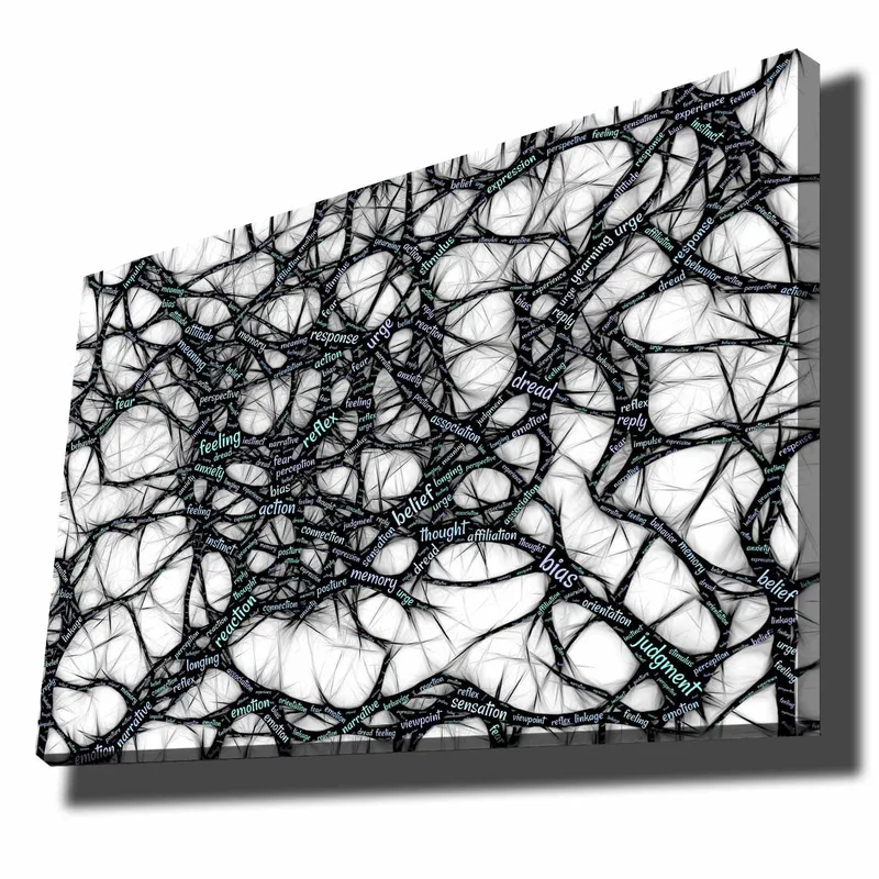 Lerretsbilde 70x100 cm - Abstrakt nettverk av ord som uttrykker følelser og tanker, Svart / Lyseblå / Hvit