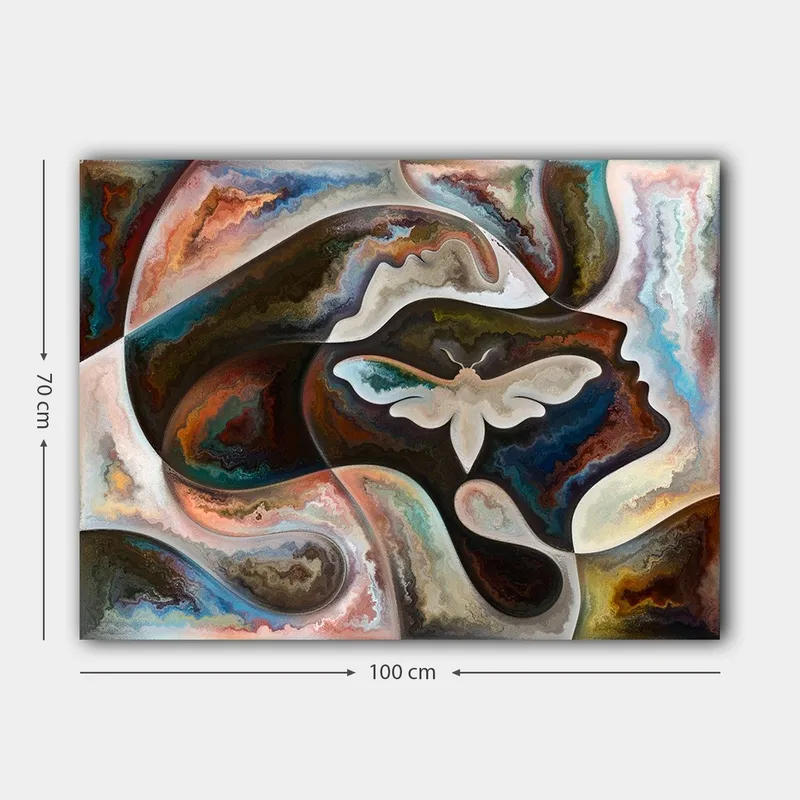 Lerretsbilde 70x100 cm - Abstrakt skildring av en ansiktsprofil med en sommerfugl som sentralt motiv - Mørk brun / Beige / Turkis - Innredning - Bilder & kunst - Lerretsbilder