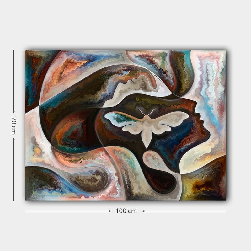 Lerretsbilde 70x100 cm - Abstrakt skildring av en ansiktsprofil med en sommerfugl som sentralt motiv - Mørk brun / Beige / Turkis - Innredning - Bilder & kunst - Lerretsbilder