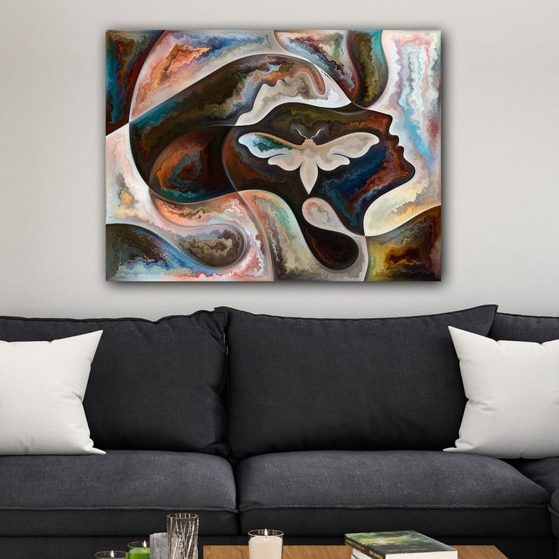 Lerretsbilde 70x100 cm - Abstrakt skildring av en ansiktsprofil med en sommerfugl som sentralt motiv - Mørk brun / Beige / Turkis - Innredning - Bilder & kunst - Lerretsbilder