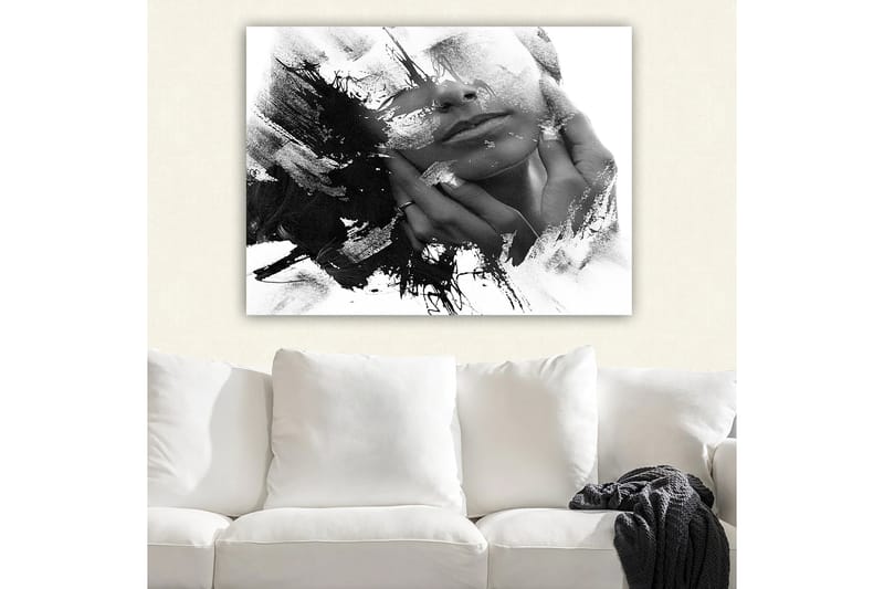 Lerretsbilde 70x100 cm - Abstrakt skildring av en ansiktsprofil med hender som berører ansiktet, Svart / Hvit / Grå