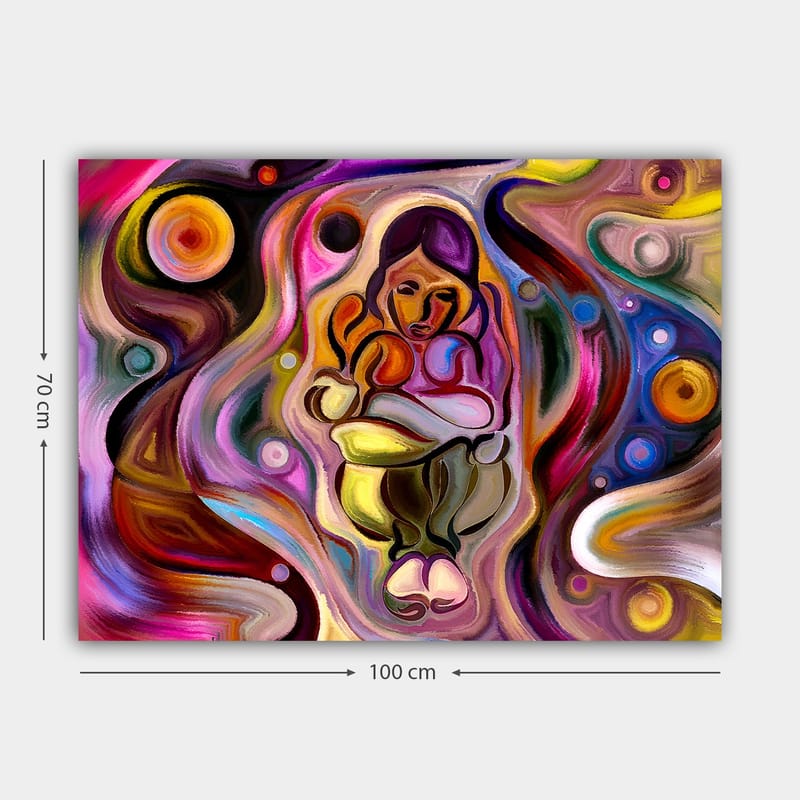 Lerretsbilde 70x100 cm - Abstrakt skildring av en kvinne som holder et barn i armene, omgitt av fargerike husker og former - Rosa / Gul / Grønn - Innredning - Bilder & kunst - Lerretsbilder