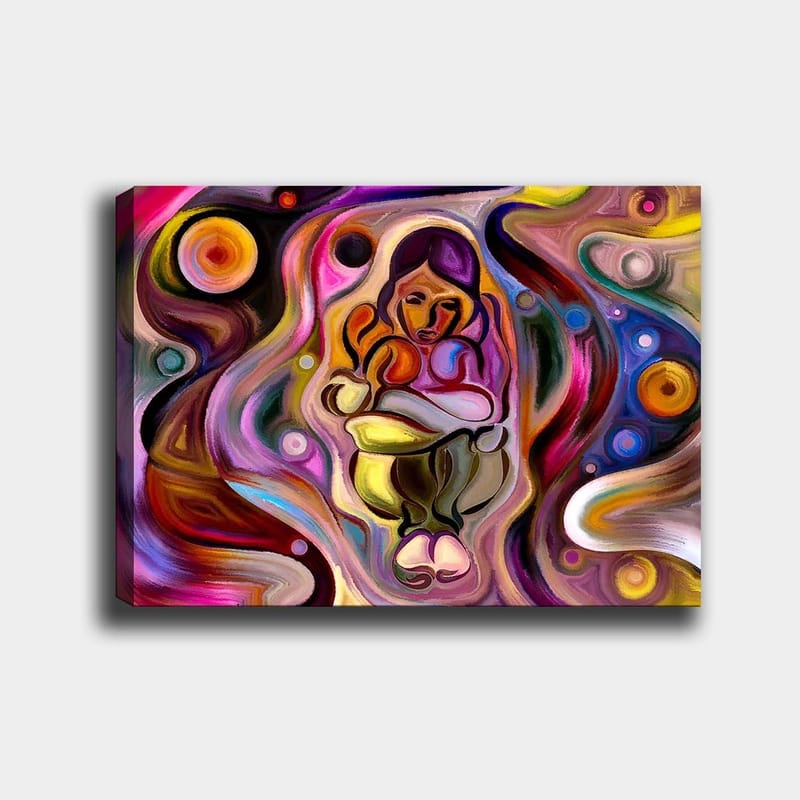 Lerretsbilde 70x100 cm - Abstrakt skildring av en kvinne som holder et barn i armene, omgitt av fargerike husker og former - Rosa / Gul / Grønn - Innredning - Bilder & kunst - Lerretsbilder