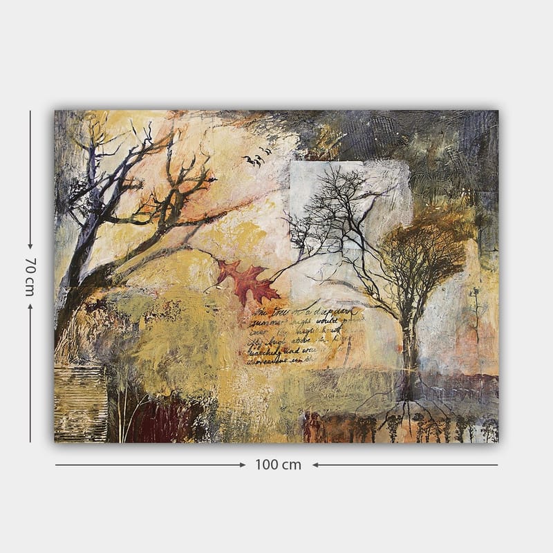 Lerretsbilde 70x100 cm - Abstrakt skildring av trær i et høstlandskap med tekstelementer og fargerike blader - Gull / Brun / Svart - Innredning - Bilder & kunst - Lerretsbilder