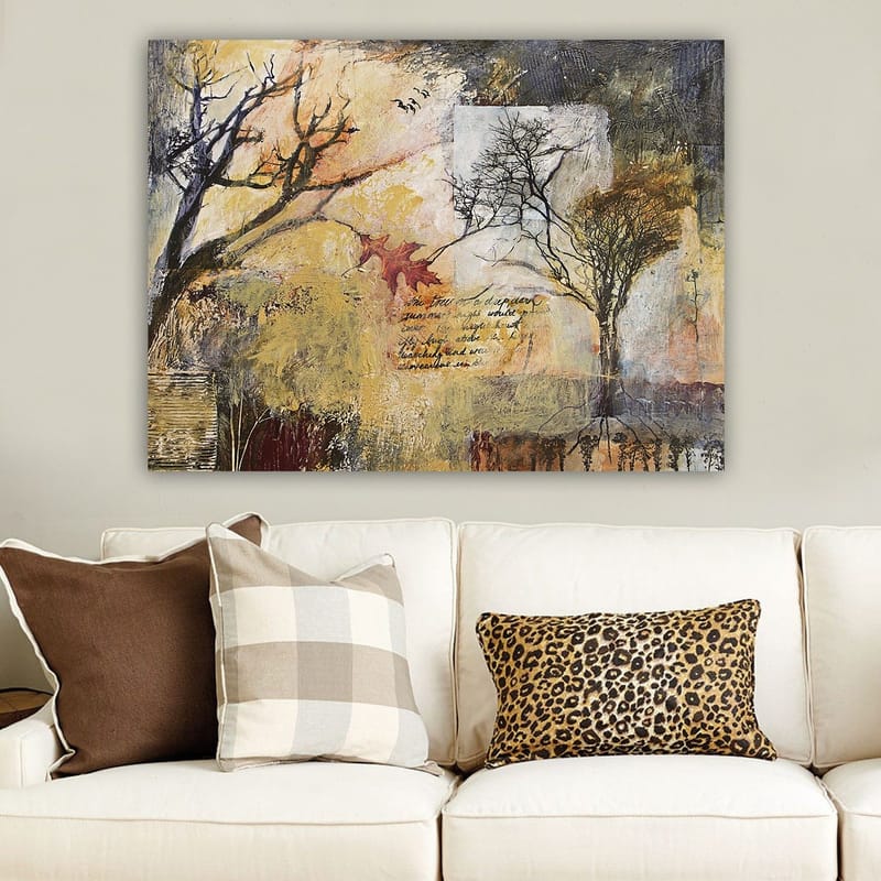 Lerretsbilde 70x100 cm - Abstrakt skildring av trær i et høstlandskap med tekstelementer og fargerike blader - Gull / Brun / Svart - Innredning - Bilder & kunst - Lerretsbilder