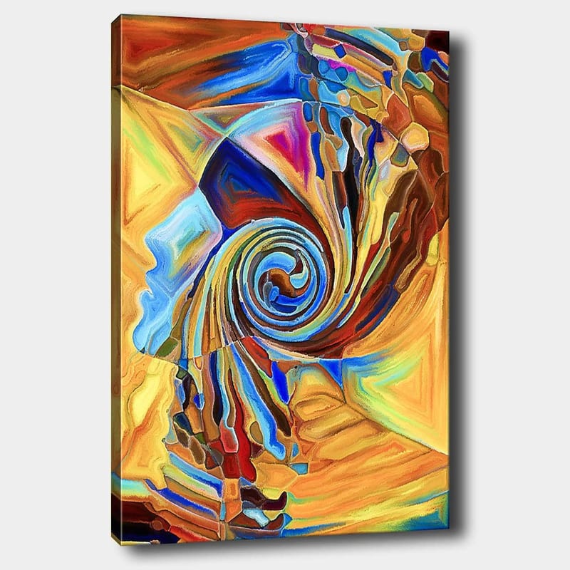 Lerretsbilde 70x100 cm - Abstrakt skulptur som viser en spiralformet ansiktsprofil i varme farger, Oransje / Blå / Brun