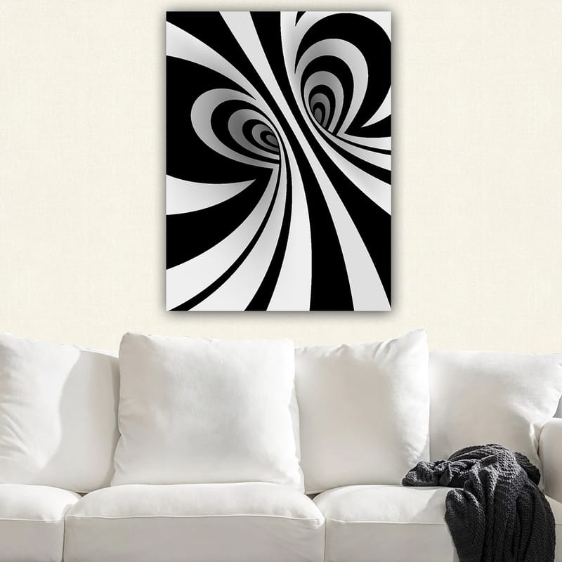 Lerretsbilde 70x100 cm - Abstrakt svart-hvitt mønster med buede linjer som skaper en illusjon av dybde - Svart / Hvit / Grå - Innredning - Bilder & kunst - Lerretsbilder