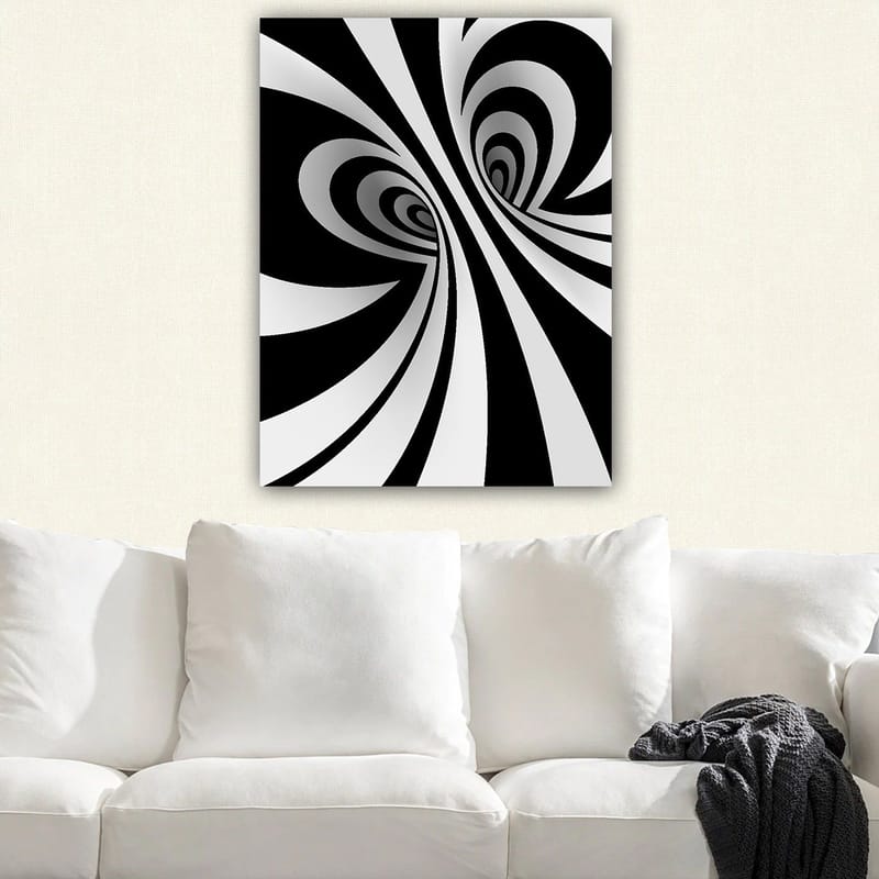 Lerretsbilde 70x100 cm - Abstrakt svart-hvitt mønster med buede linjer som skaper en illusjon av dybde - Svart / Hvit / Grå - Innredning - Bilder & kunst - Lerretsbilder