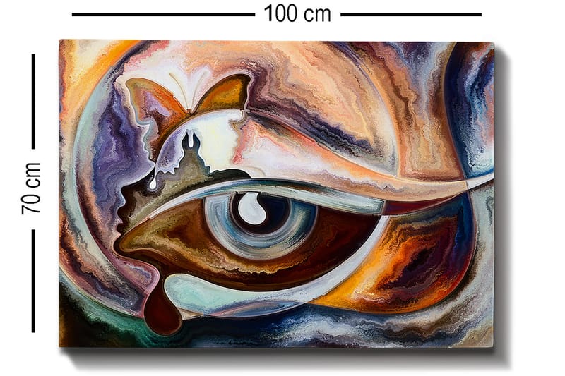 Lerretsbilde 70x100 cm - Abstrakt tolkning av et øye med elementer av en sommerfugl og en ansiktsprofil - Blå / Brun / Oransje - Innredning - Bilder & kunst - Lerretsbilder