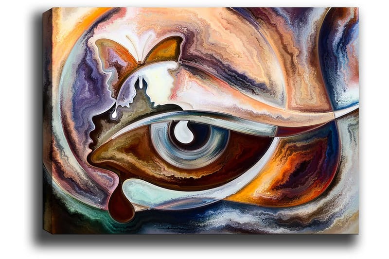 Lerretsbilde 70x100 cm - Abstrakt tolkning av et øye med elementer av en sommerfugl og en ansiktsprofil - Blå / Brun / Oransje - Innredning - Bilder & kunst - Lerretsbilder