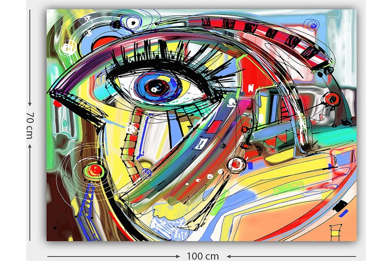 Lerretsbilde 70x100 cm - Abstrakt tolkning av et ansikt med fokus på øyet - Blå / Gul / Rød - Innredning - Bilder & kunst - Lerretsbilder