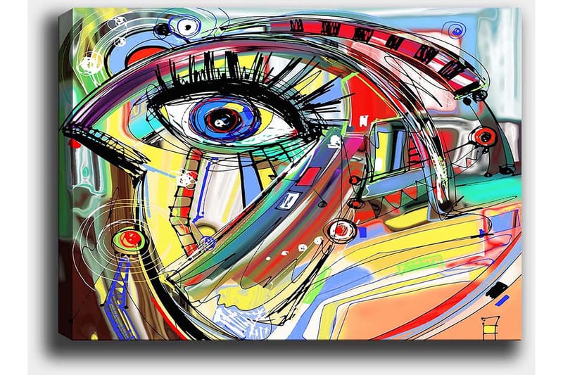 Lerretsbilde 70x100 cm - Abstrakt tolkning av et ansikt med fokus på øyet - Blå / Gul / Rød - Innredning - Bilder & kunst - Lerretsbilder