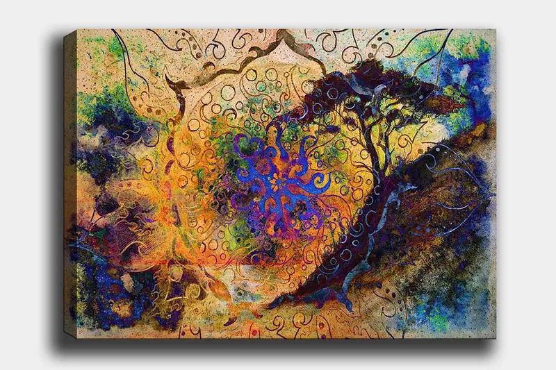 Lerretsbilde 70x100 cm - Abstrakt tre med spiraler og fargerike mønstre i en drømmeaktig komposisjon, Blå / Oransje / Lilla