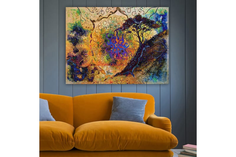 Lerretsbilde 70x100 cm - Abstrakt tre med spiraler og fargerike mønstre i en drømmeaktig komposisjon - Blå / Oransje / Lilla - Innredning - Bilder & kunst - Lerretsbilder