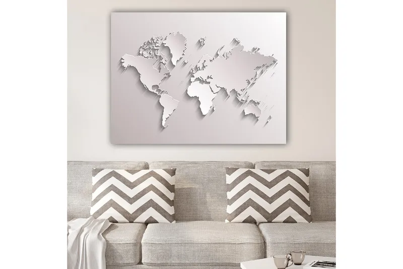 Lerretsbilde 70x100 cm - Abstrakt verdenskart i skulpturell stil, Hvit / Lys grå