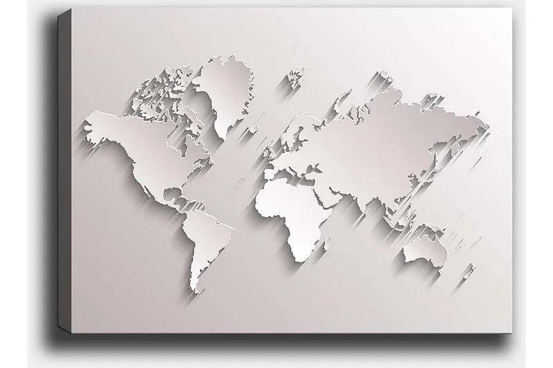 Lerretsbilde 70x100 cm - Abstrakt verdenskart i skulpturell stil - Hvit / Lys grå - Innredning - Bilder & kunst - Lerretsbilder