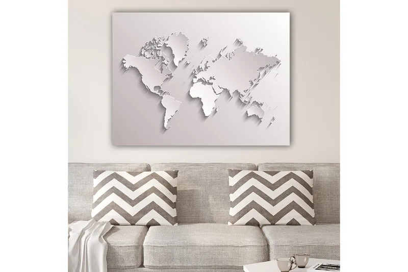 Lerretsbilde 70x100 cm - Abstrakt verdenskart i skulpturell stil, Hvit / Lys grå