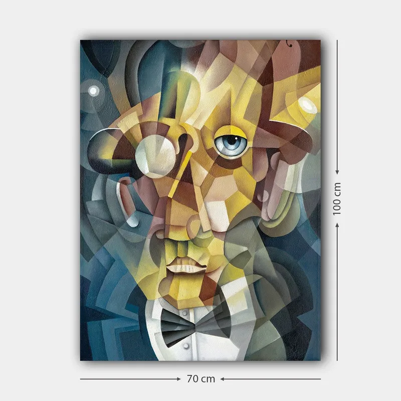 Lerretsbilde 70x100 cm - Abstrakt portrett av en mann i elegant dress og et uttrykksfullt utseende - Gull / Blå / Beige - Innredning - Bilder & kunst - Lerretsbilder