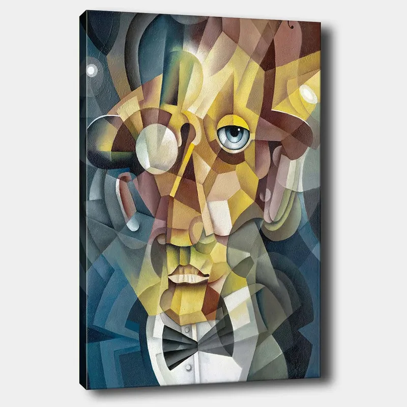 Lerretsbilde 70x100 cm - Abstrakt portrett av en mann i elegant dress og et uttrykksfullt utseende, Gull / Blå / Beige