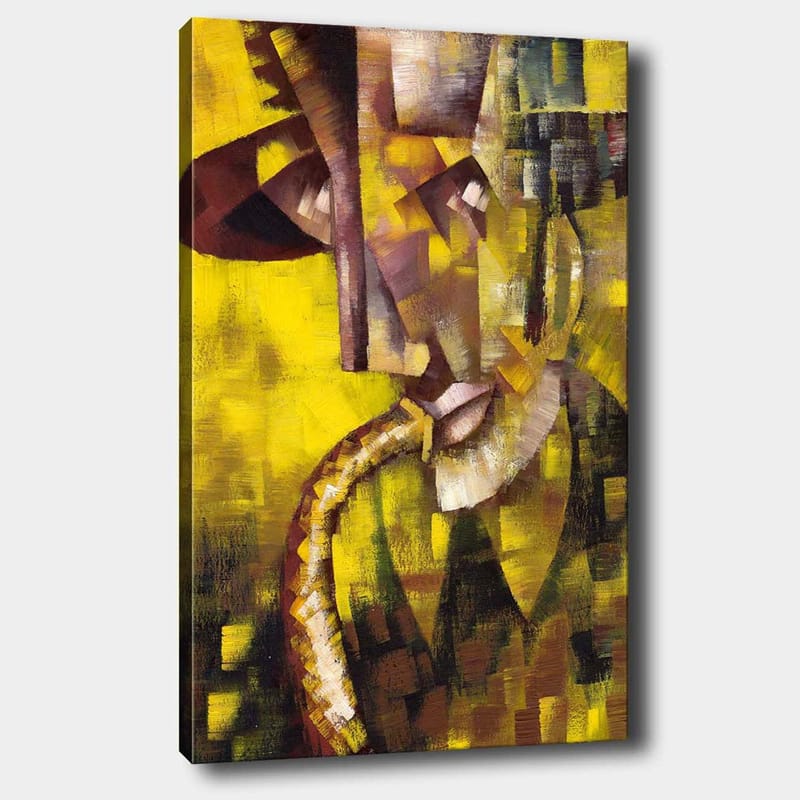 Lerretsbilde 70x100 cm - Abstrakt portrett av en musiker som spiller saksofon, med fokus på ansiktets og instrumentets former, Gul / Brun / Svart