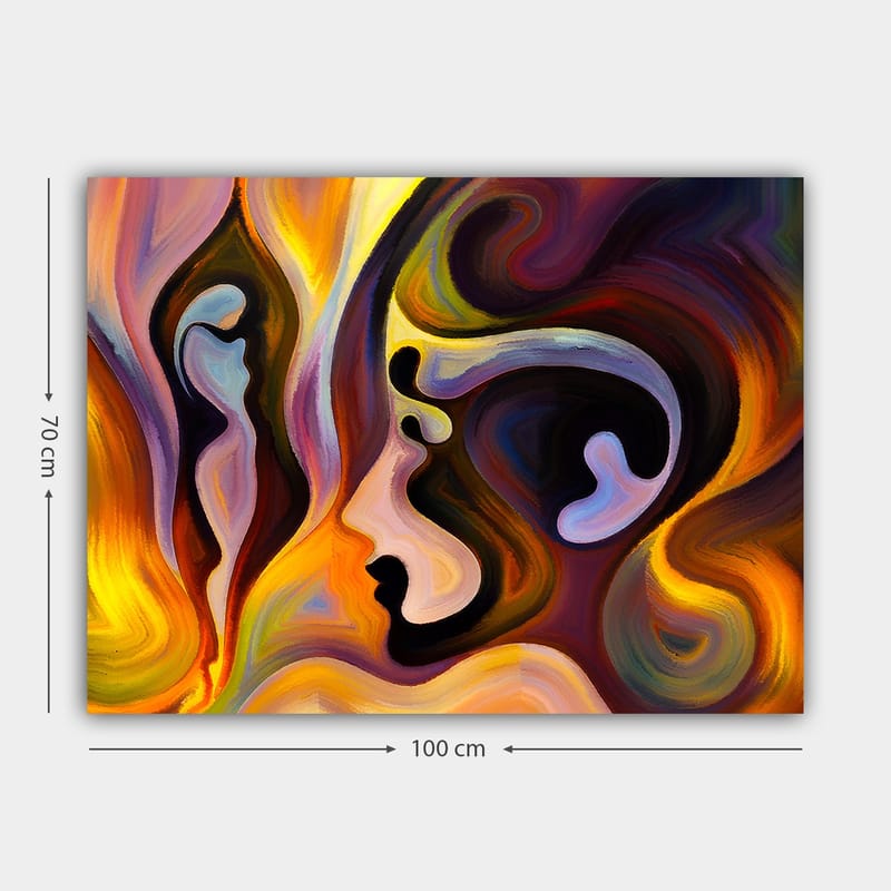 Lerretsbilde 70x100 cm - Abstrakt portrett med sammenslåtte ansiktsformer og farger som uttrykker følelser - Mørk lilla / Oransje / Lys blå - Innredning - Bilder & kunst - Lerretsbilder