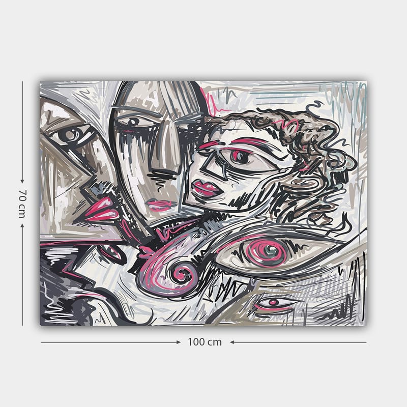 Lerretsbilde 70x100 cm - Abstrakt portrett av ansikter med følelsesmessige uttrykk - Grå / Rosa / Svart - Innredning - Bilder & kunst - Lerretsbilder