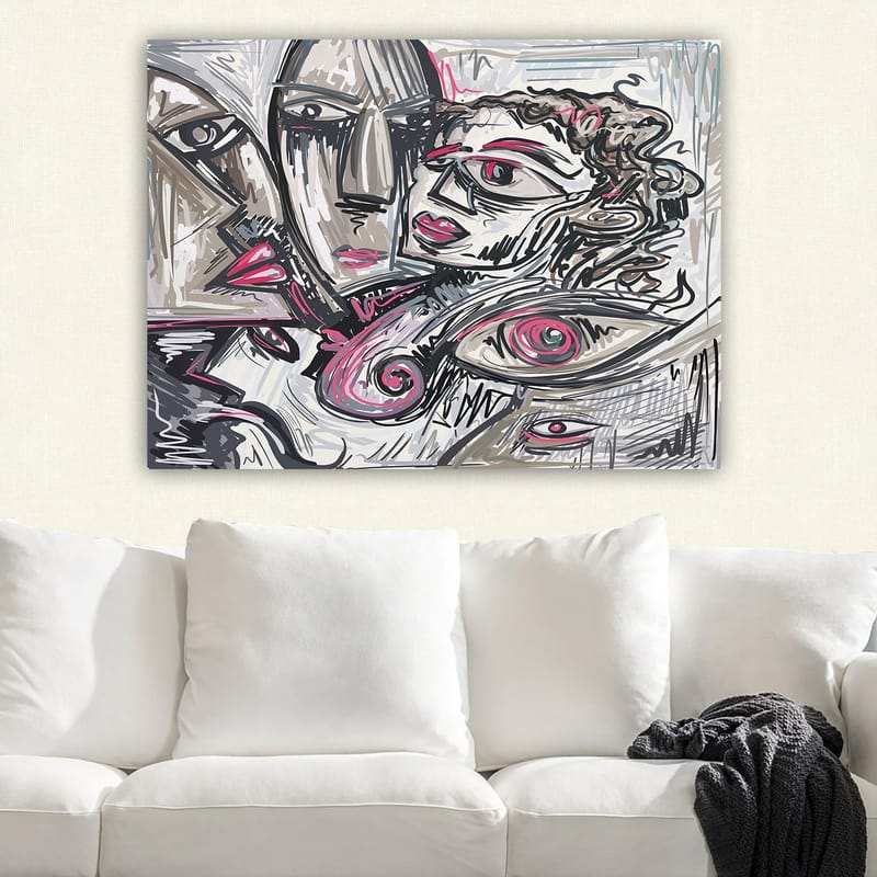 Lerretsbilde 70x100 cm - Abstrakt portrett av ansikter med følelsesmessige uttrykk - Grå / Rosa / Svart - Innredning - Bilder & kunst - Lerretsbilder