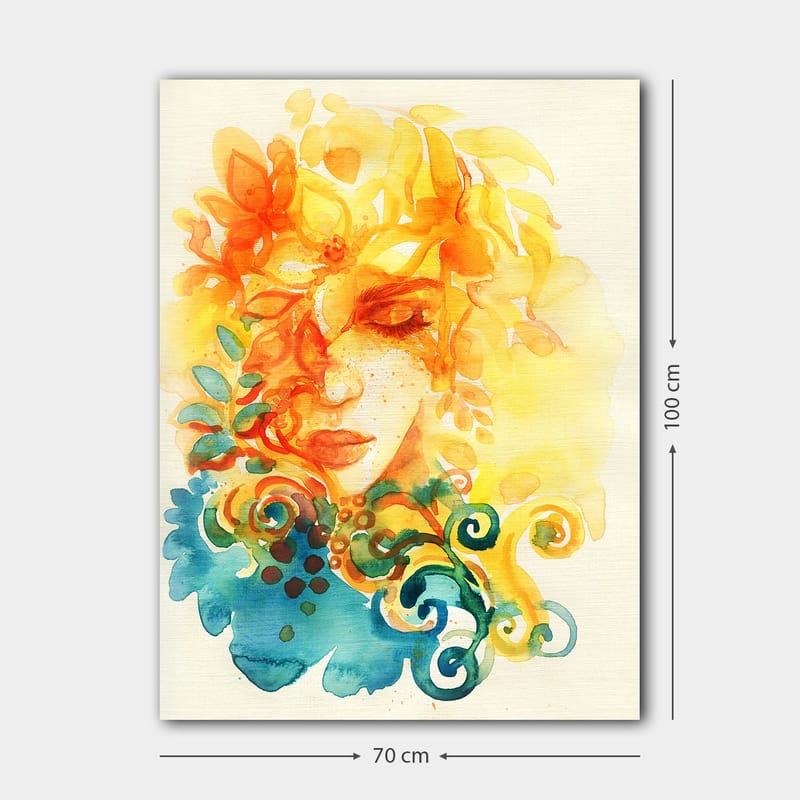 Lerretsbilde 70x100 cm - Abstrakt portrett av en kvinne med blomster og blader i gult og oransje - Gul / Oransje / Blå - Innredning - Bilder & kunst - Lerretsbilder