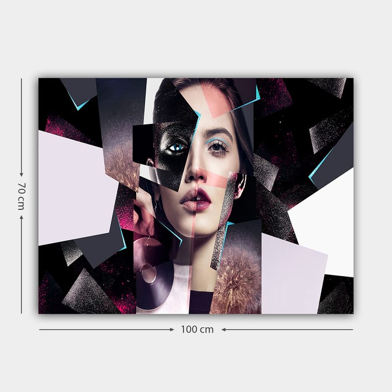 Lerretsbilde 70x100 cm - Abstrakt portrettkomposisjon av en kvinne med geometriske former og kontrastfarger - Svart / Hvit / Rosa - Innredning - Bilder & kunst - Lerretsbilder