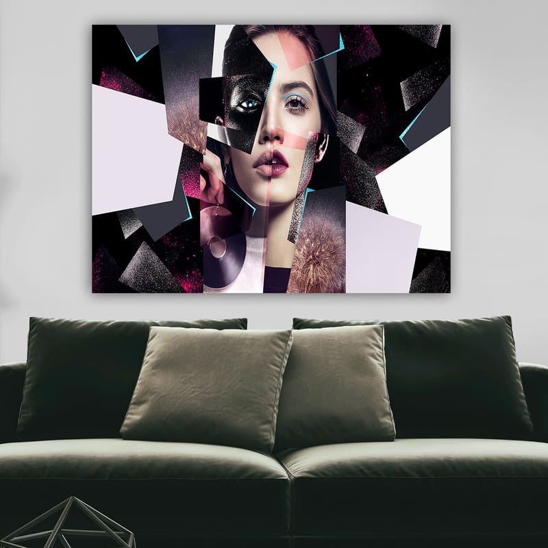 Lerretsbilde 70x100 cm - Abstrakt portrettkomposisjon av en kvinne med geometriske former og kontrastfarger - Svart / Hvit / Rosa - Innredning - Bilder & kunst - Lerretsbilder